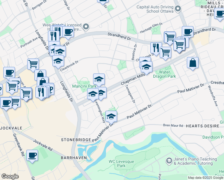 map of restaurants, bars, coffee shops, grocery stores, and more near 654 Chapman Mills Drive in Ottawa