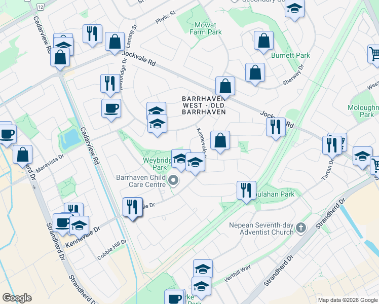 map of restaurants, bars, coffee shops, grocery stores, and more near Hummingbird Crescent in Ottawa