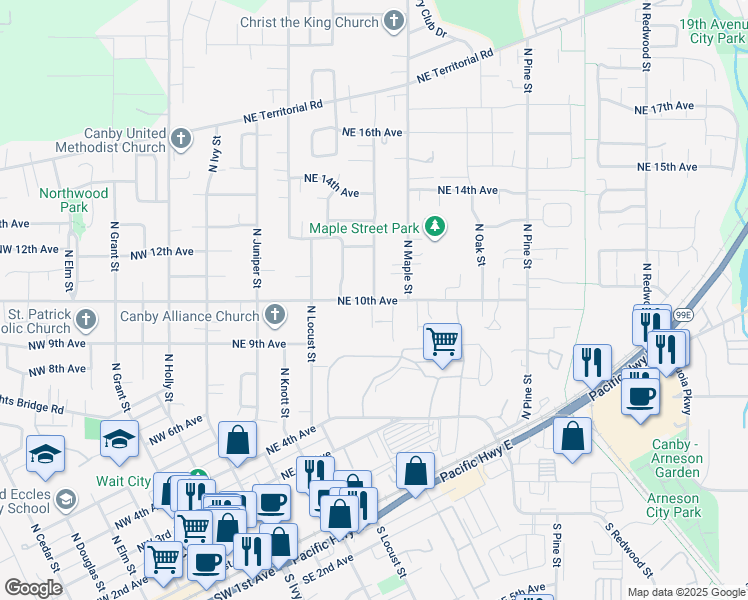 map of restaurants, bars, coffee shops, grocery stores, and more near 599 Northeast 10th Avenue in Canby