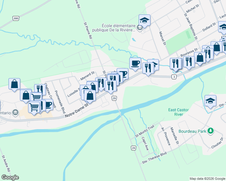 map of restaurants, bars, coffee shops, grocery stores, and more near 866 Notre-Dame Street in Russell