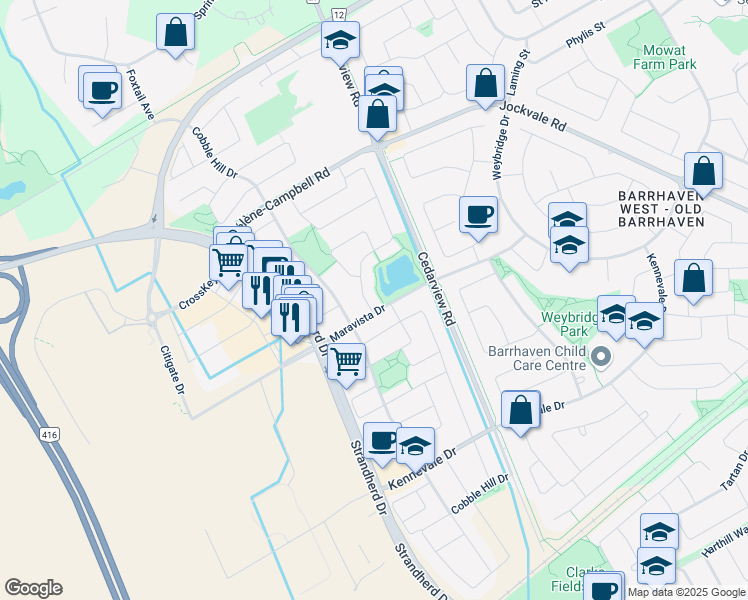 map of restaurants, bars, coffee shops, grocery stores, and more near 302 Bamburgh Way in Ottawa