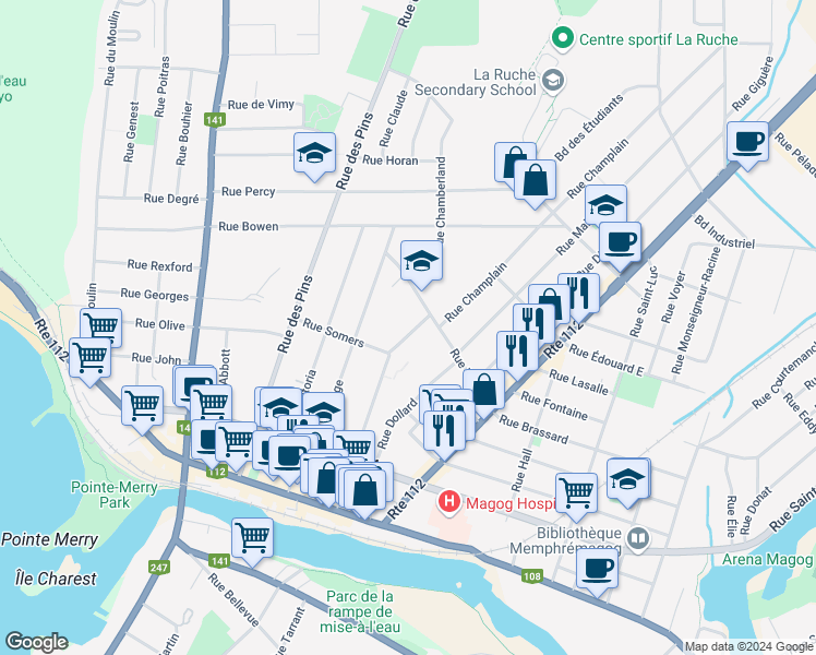 map of restaurants, bars, coffee shops, grocery stores, and more near 355 Rue Sainte-Catherine in Magog