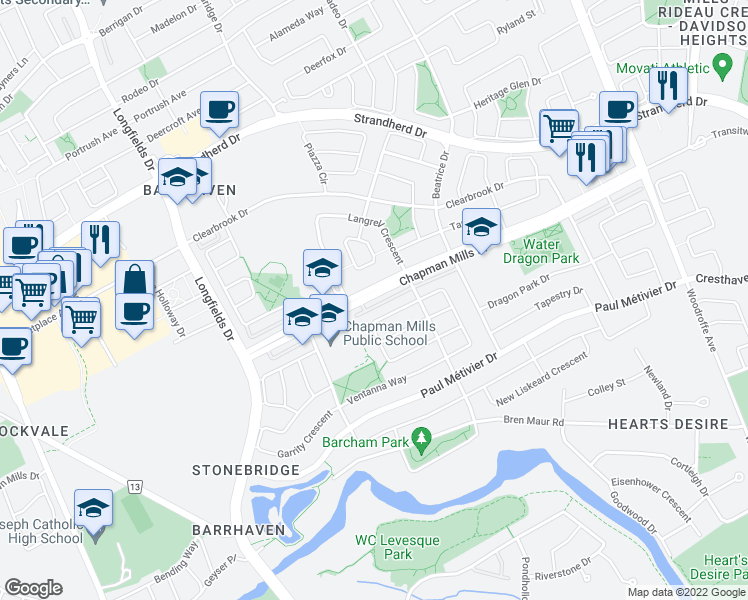 map of restaurants, bars, coffee shops, grocery stores, and more near 642 Chapman Mills Drive in Ottawa