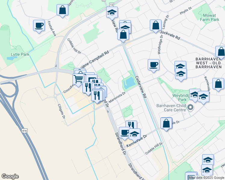 map of restaurants, bars, coffee shops, grocery stores, and more near 940 Cobble Hill Drive in Ottawa