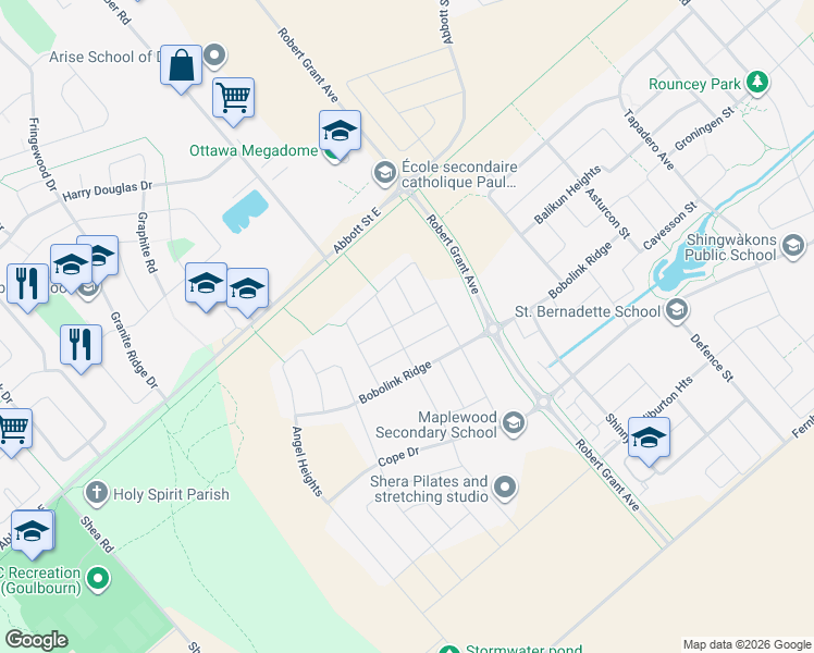 map of restaurants, bars, coffee shops, grocery stores, and more near 838 Clapham Terrace in Ottawa