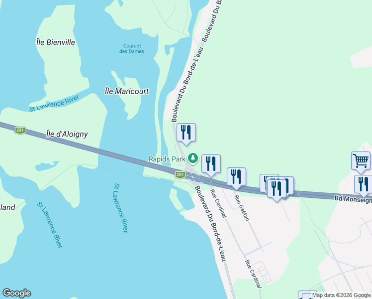 map of restaurants, bars, coffee shops, grocery stores, and more near 430 Boulevard du Bord de l'Eau in Salaberry-de-Valleyfield
