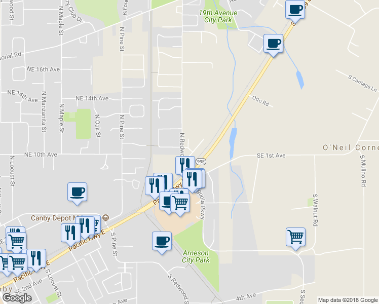 map of restaurants, bars, coffee shops, grocery stores, and more near 1572 Northeast 10th Place in Canby