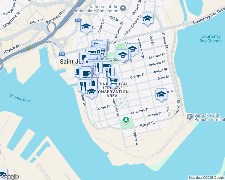 map of restaurants, bars, coffee shops, grocery stores, and more near 114 Duke Street in Saint John