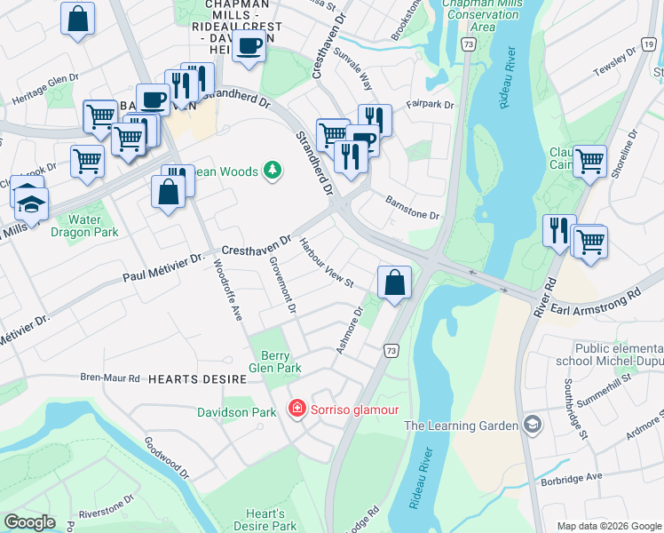 map of restaurants, bars, coffee shops, grocery stores, and more near 111 Harbour View Street in Ottawa