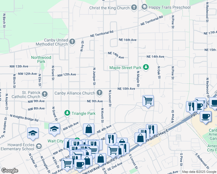 map of restaurants, bars, coffee shops, grocery stores, and more near 356 Northeast 10th Avenue in Canby