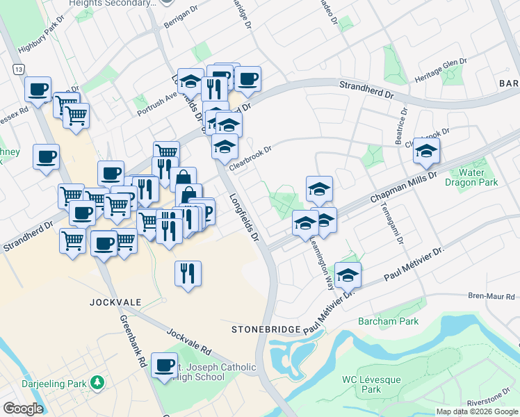 map of restaurants, bars, coffee shops, grocery stores, and more near 366 Tourmaline Crescent in Ottawa
