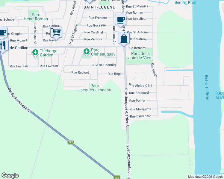 map of restaurants, bars, coffee shops, grocery stores, and more near Boulevard Jacques Cartier Sud in Saint-Jean-sur-Richelieu