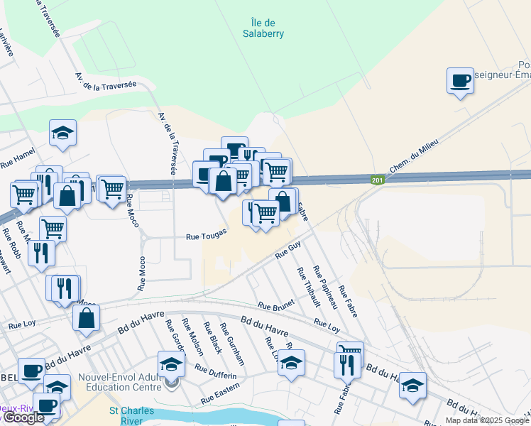 map of restaurants, bars, coffee shops, grocery stores, and more near 186-188 Rue Guy in Salaberry-de-Valleyfield