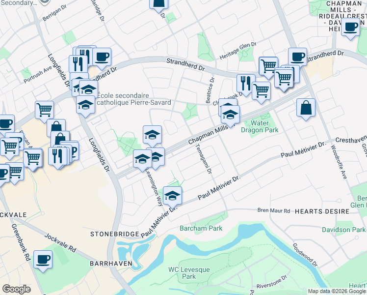 map of restaurants, bars, coffee shops, grocery stores, and more near 626 Chapman Mills Drive in Ottawa