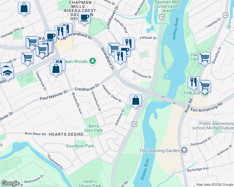 map of restaurants, bars, coffee shops, grocery stores, and more near 305 Bakewell Crescent in Ottawa