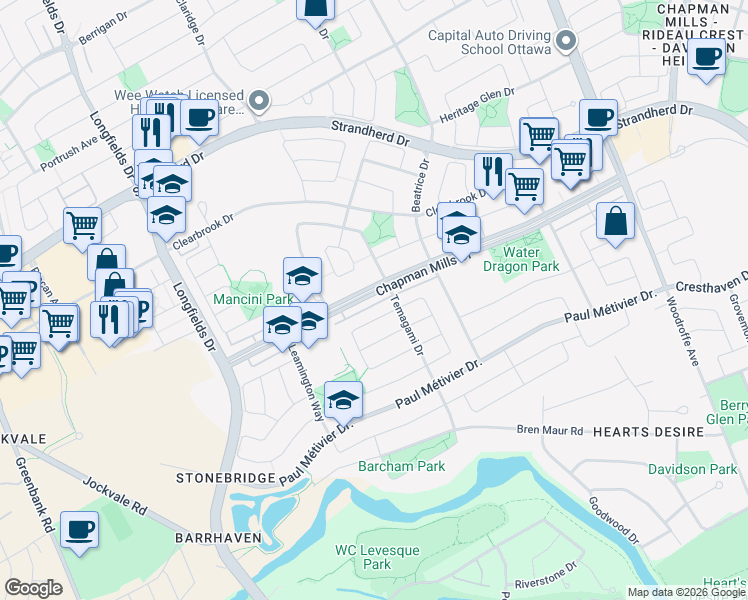 map of restaurants, bars, coffee shops, grocery stores, and more near 618 Chapman Mills Drive in Ottawa