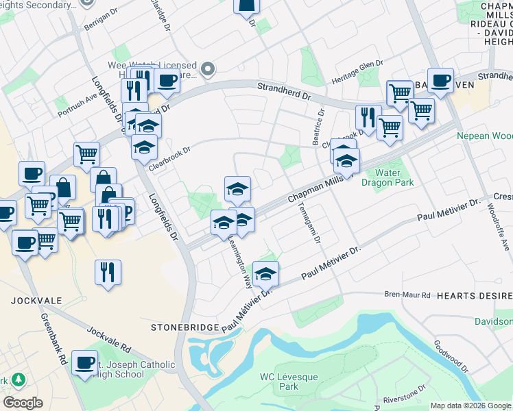 map of restaurants, bars, coffee shops, grocery stores, and more near 674a Chapman Mills Drive in Ottawa