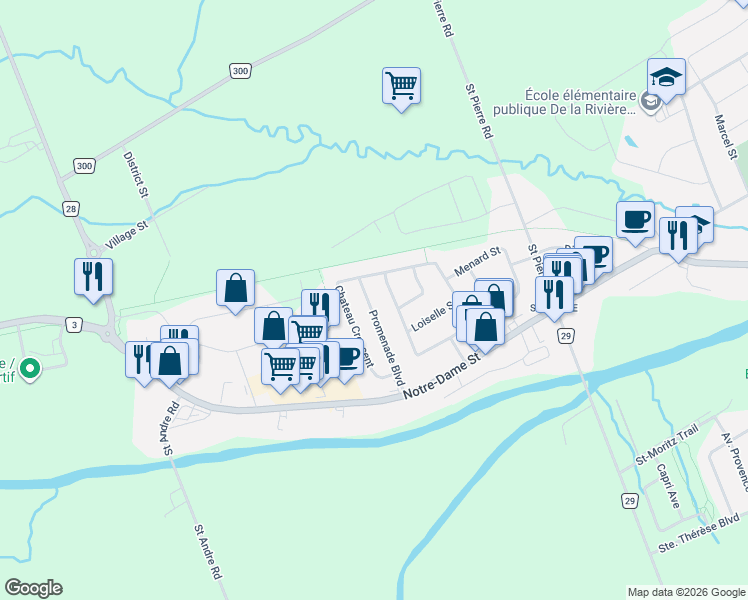 map of restaurants, bars, coffee shops, grocery stores, and more near 30 Promenade Boulevard in Russell