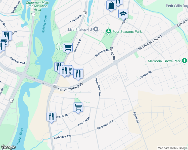 map of restaurants, bars, coffee shops, grocery stores, and more near Earl Armstrong Road in Ottawa