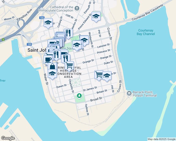 map of restaurants, bars, coffee shops, grocery stores, and more near Carmarthen Street in Saint John