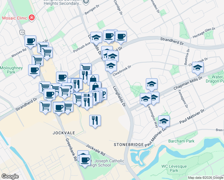 map of restaurants, bars, coffee shops, grocery stores, and more near 106 Lindenshade Drive in Ottawa
