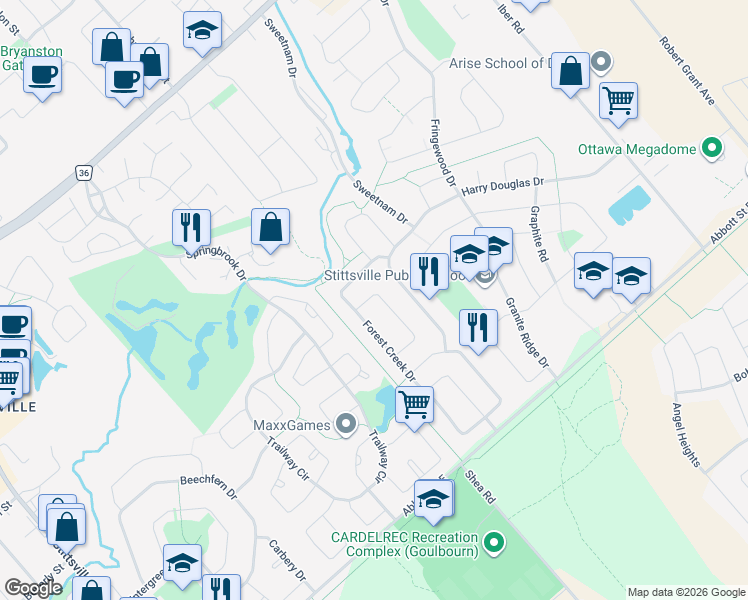 map of restaurants, bars, coffee shops, grocery stores, and more near 26 Jacqueline Crescent in Ottawa