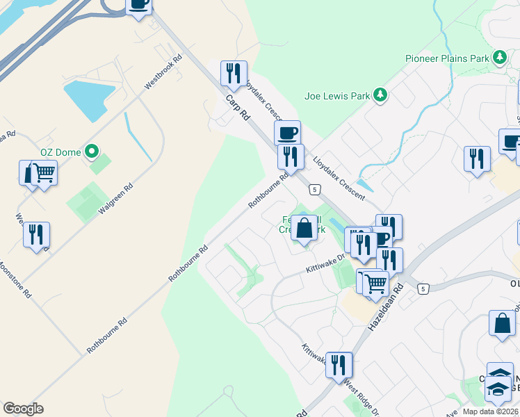 map of restaurants, bars, coffee shops, grocery stores, and more near 57 Wilderness Way in Ottawa
