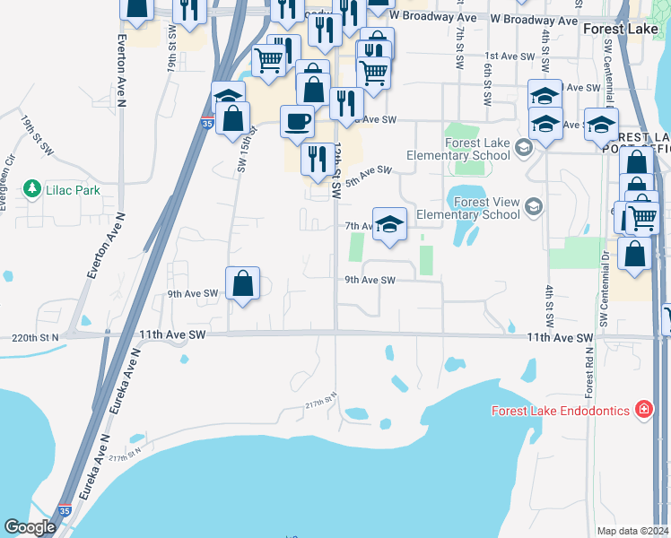 map of restaurants, bars, coffee shops, grocery stores, and more near 848 12th Street Southwest in Forest Lake