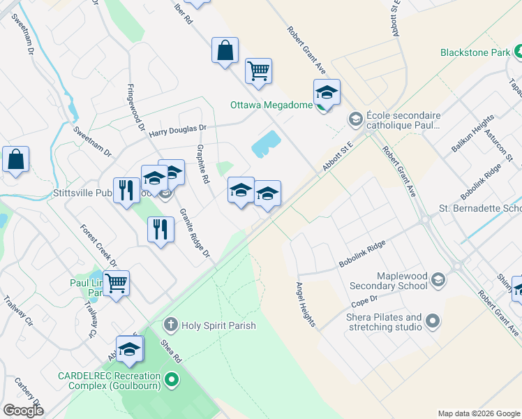 map of restaurants, bars, coffee shops, grocery stores, and more near 112 Talltree Crescent in Ottawa