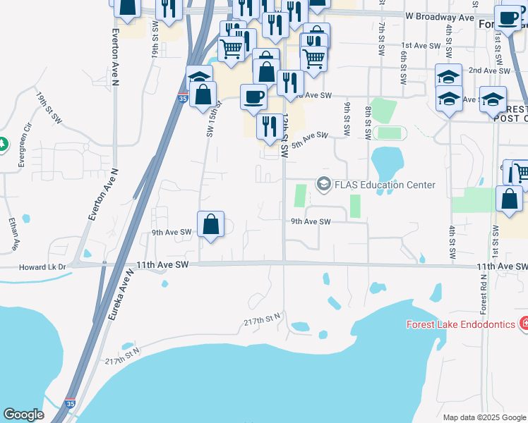 map of restaurants, bars, coffee shops, grocery stores, and more near 708 12th Street Southwest in Forest Lake