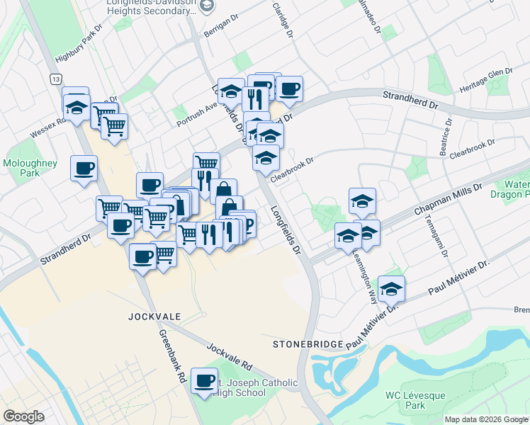 map of restaurants, bars, coffee shops, grocery stores, and more near in Nepean