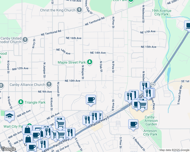 map of restaurants, bars, coffee shops, grocery stores, and more near 1085 North Noble Court in Canby