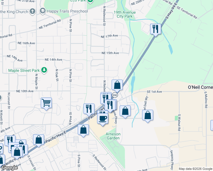 map of restaurants, bars, coffee shops, grocery stores, and more near 1121 North Spruce Court in Canby