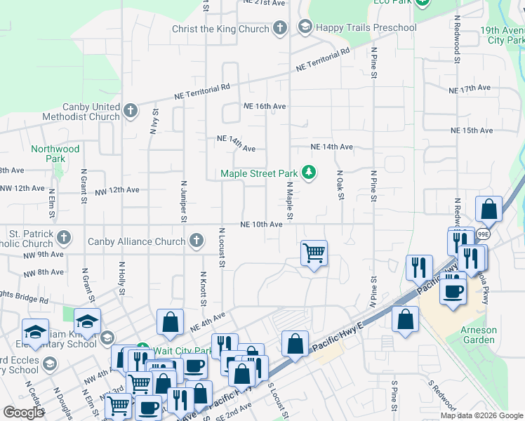 map of restaurants, bars, coffee shops, grocery stores, and more near 1095 North Manzanita Street in Canby