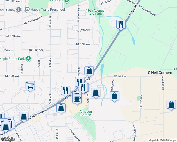 map of restaurants, bars, coffee shops, grocery stores, and more near 1691 Northeast 10th Place in Canby