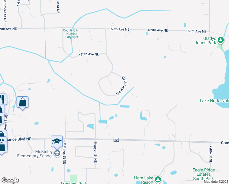 map of restaurants, bars, coffee shops, grocery stores, and more near 2061 166th Lane Northeast in Ham Lake
