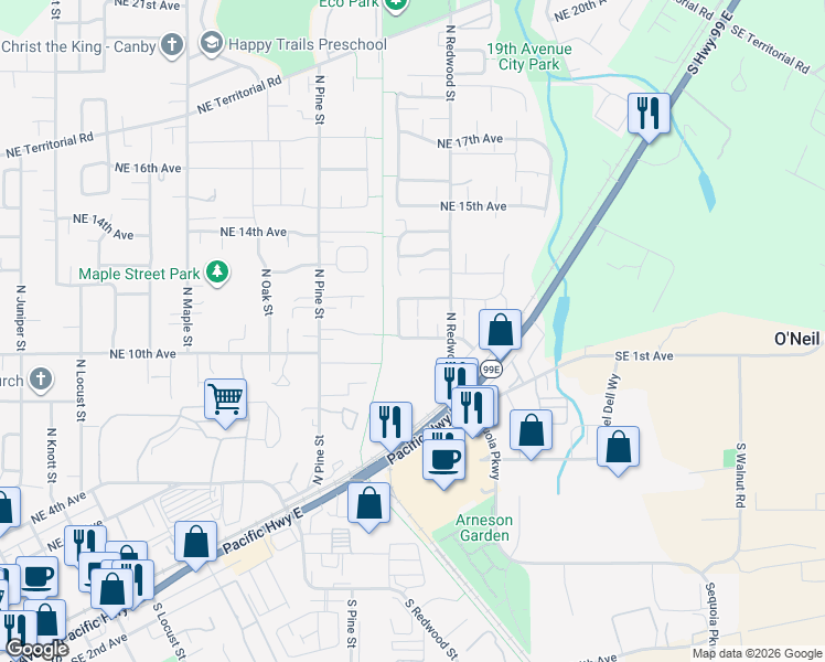 map of restaurants, bars, coffee shops, grocery stores, and more near 1390 Northeast 11th Avenue in Canby