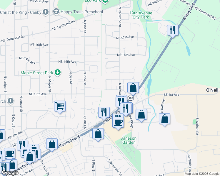 map of restaurants, bars, coffee shops, grocery stores, and more near 1390 Northeast 11th Avenue in Canby