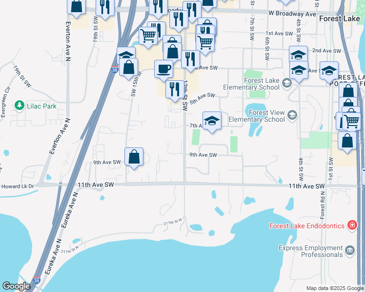 map of restaurants, bars, coffee shops, grocery stores, and more near 848 12th Street Southwest in Forest Lake