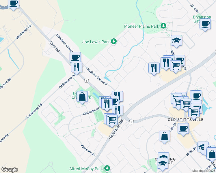 map of restaurants, bars, coffee shops, grocery stores, and more near 51 Lloydalex Crescent in Ottawa