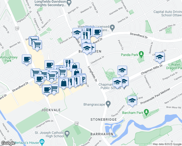 map of restaurants, bars, coffee shops, grocery stores, and more near 1145 Longfields Drive in Ottawa