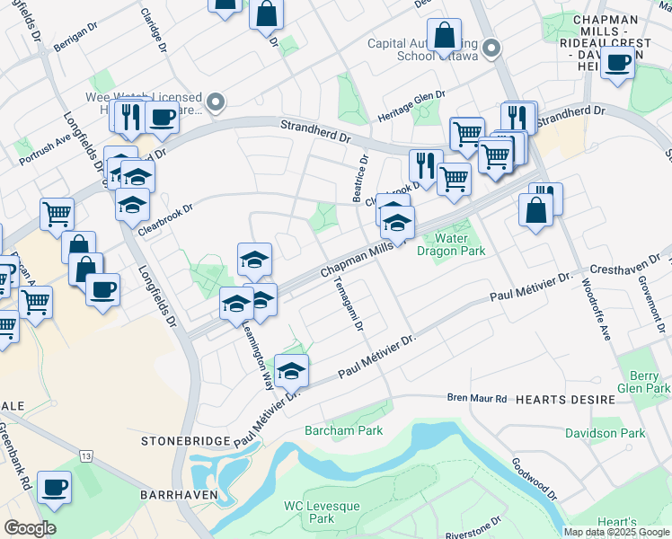 map of restaurants, bars, coffee shops, grocery stores, and more near 571 Chapman Mills Drive in Ottawa