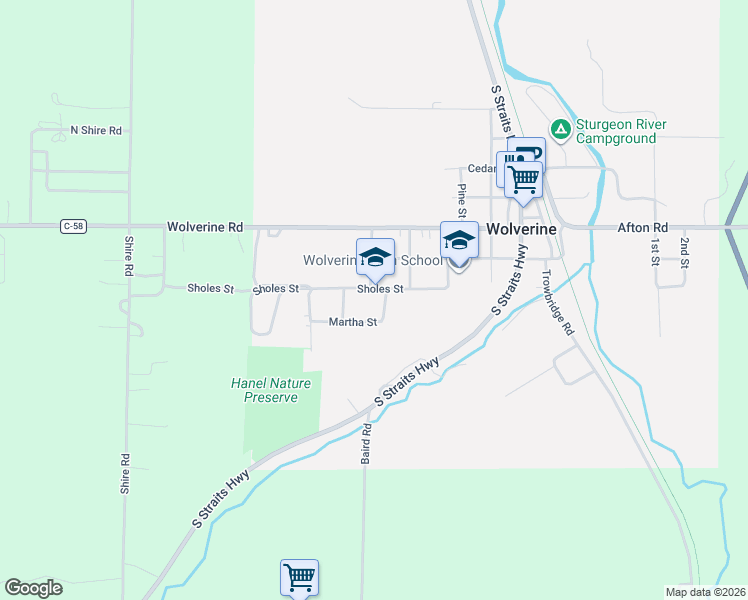 map of restaurants, bars, coffee shops, grocery stores, and more near 13102 Roosevelt Street in Wolverine