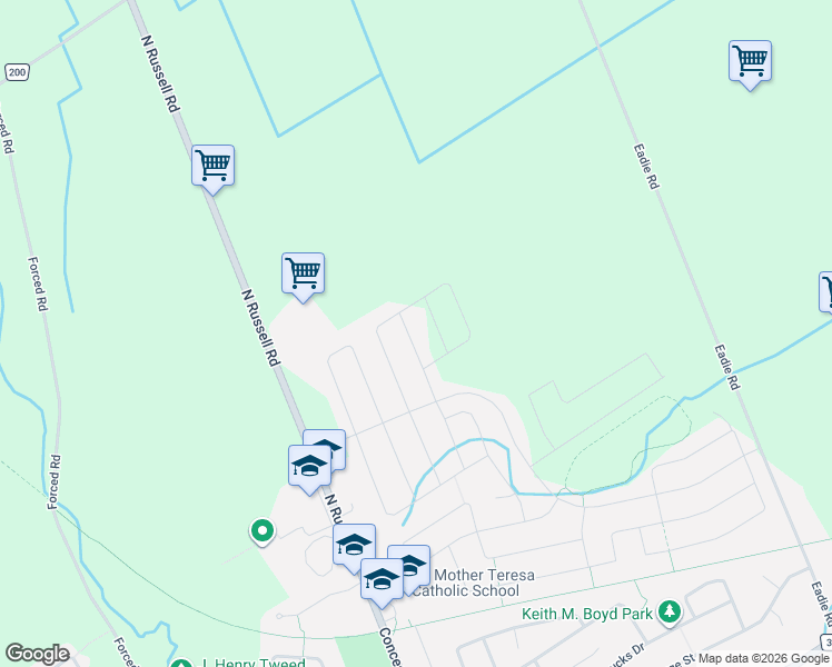 map of restaurants, bars, coffee shops, grocery stores, and more near 444 Aurora Street in Russell