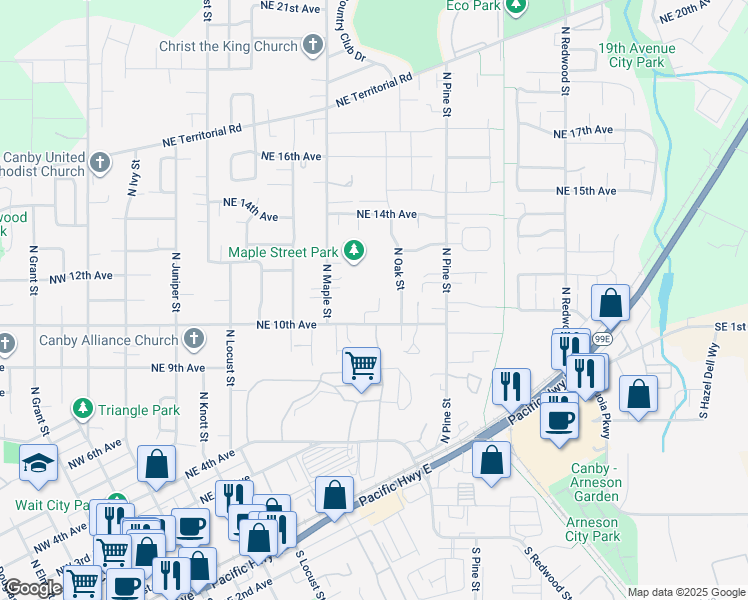 map of restaurants, bars, coffee shops, grocery stores, and more near 1085 North Noble Court in Canby