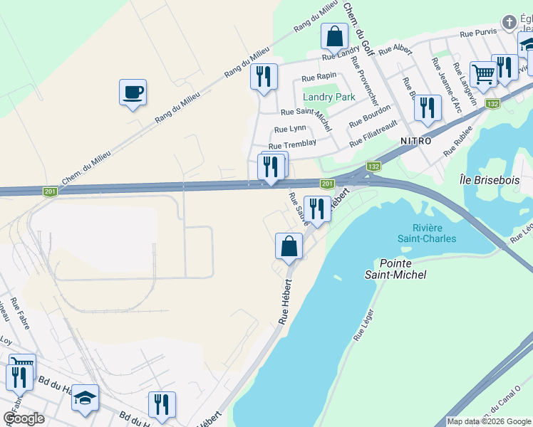 map of restaurants, bars, coffee shops, grocery stores, and more near 26 Rue René-Vachon in Salaberry-de-Valleyfield