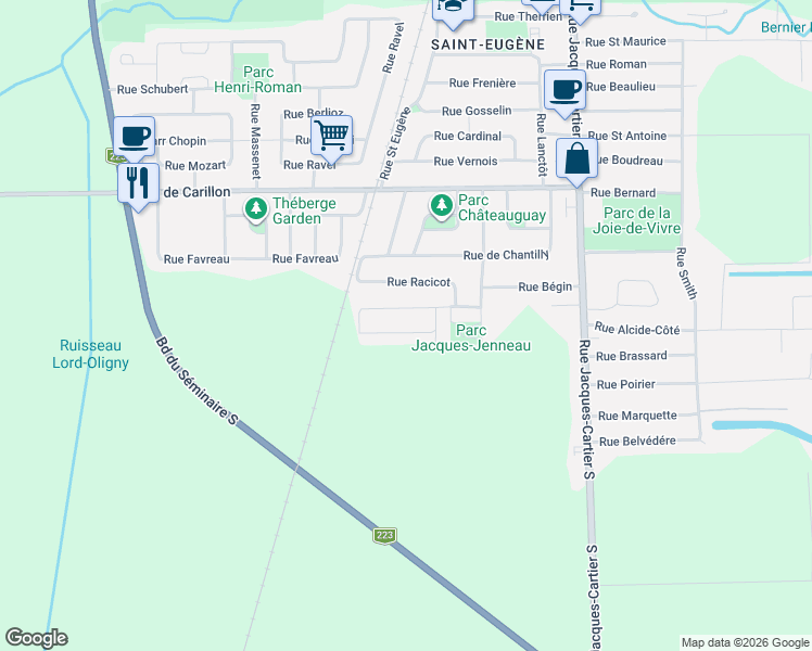 map of restaurants, bars, coffee shops, grocery stores, and more near 243 Rue Roquemaure in Saint-Jean-sur-Richelieu