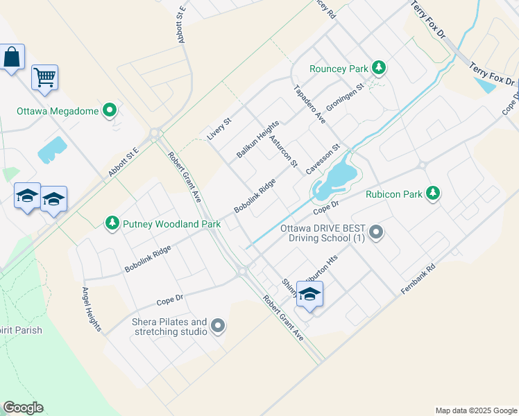 map of restaurants, bars, coffee shops, grocery stores, and more near 114 Elfin Grove in Ottawa