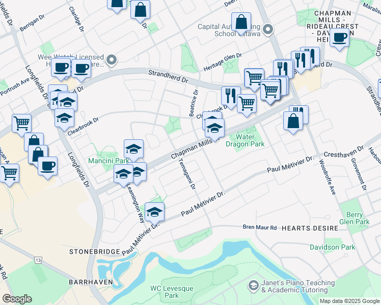 map of restaurants, bars, coffee shops, grocery stores, and more near in Ottawa