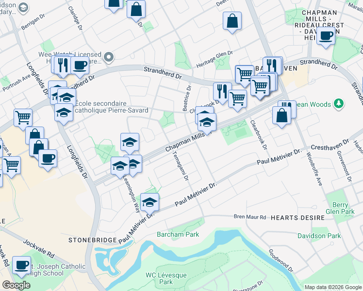 map of restaurants, bars, coffee shops, grocery stores, and more near 566 Chapman Mills Drive in Ottawa